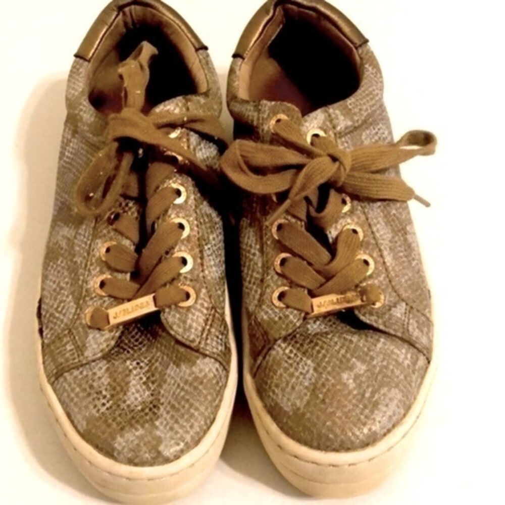 J Slides Faux Leather Brown and Gold Snakeskin Platform Sneakers size 6.5